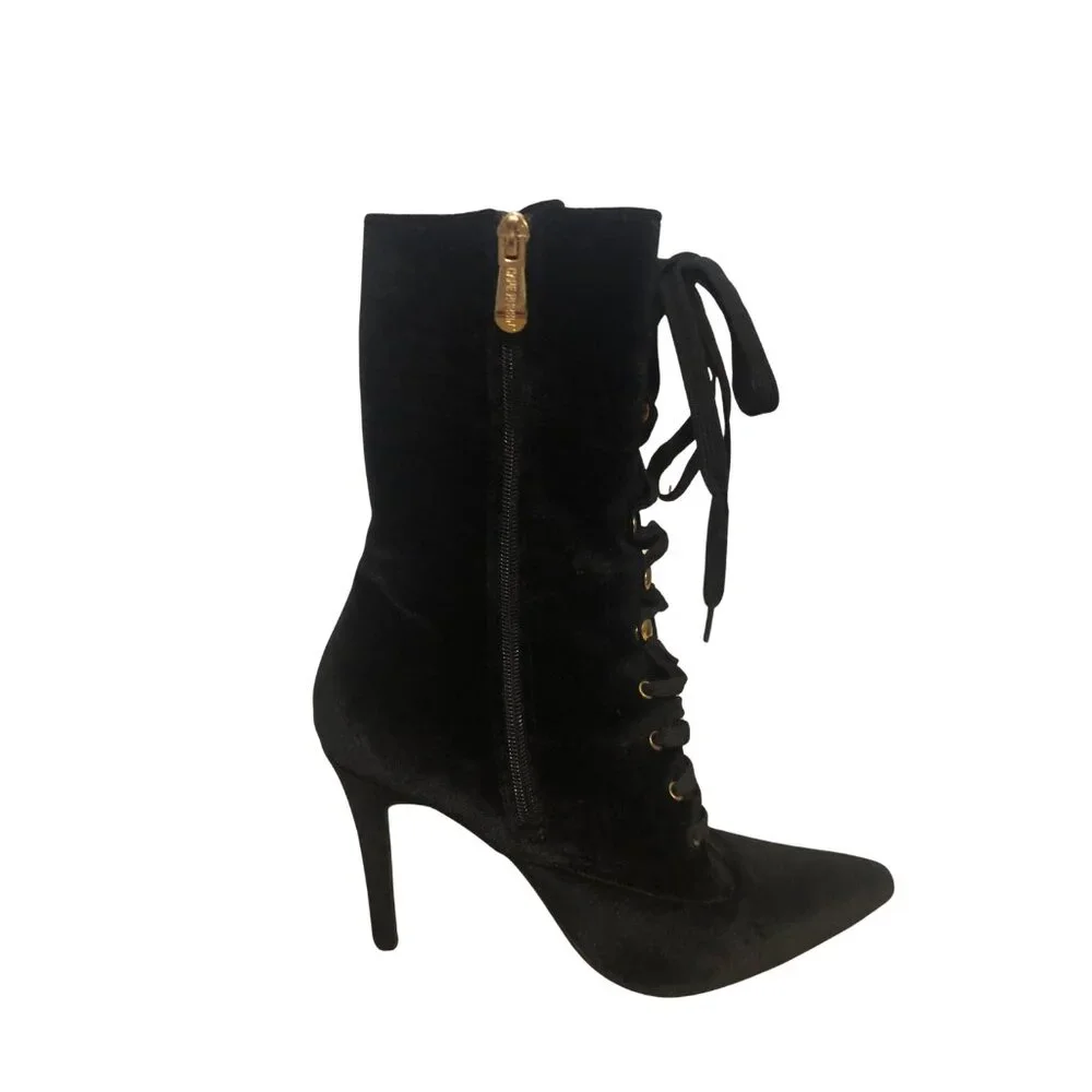 SOLD Velvet Stiletto Victorian Lace up Whimsigoth Witchy Boho Boots Pink Flower - Picture 6 of 13